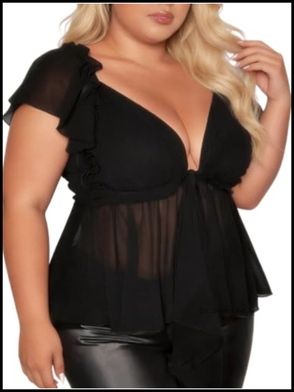 Plus Size Mesh Sheer Peplum Blouse Deep V Ruffle Short Sleeve Top